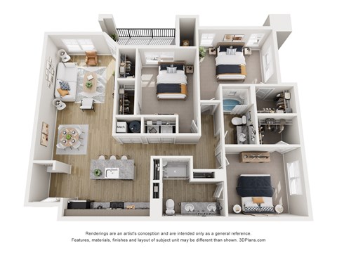 A 3D floor plan of a house with multiple rooms and furniture.